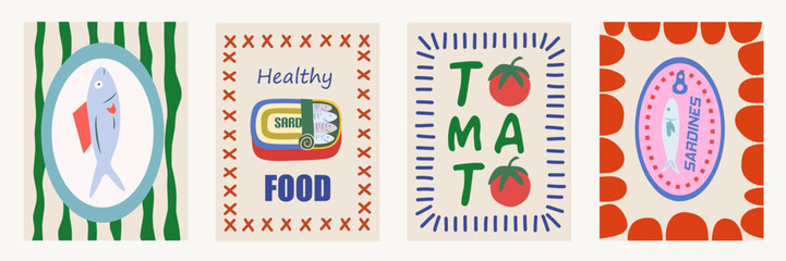 Food posters. Hand drawn kitchen frame banner. Creative wall art with tomato, fish, sardines can for cafe or restaurant menu. La dolce vita decor. Cartoon vector illustration creative set collection.