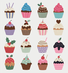 A Collection of Sixteen Colorful Decorative Cupcakes dessert sweet