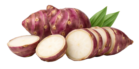 Fresh Jerusalem Artichokes (Sunchokes) with White Interior on Transparent Background
Whole and Sliced Raw Sunchokes with Purple-Brown Skin Isolated on Transparent Background