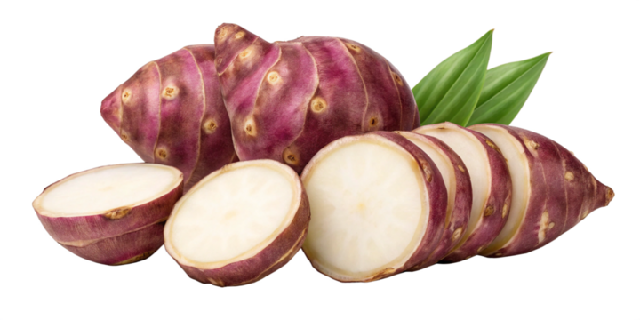 Fresh Jerusalem Artichokes (Sunchokes) with White Interior on Transparent Background
Whole and Sliced Raw Sunchokes with Purple-Brown Skin Isolated on Transparent Background