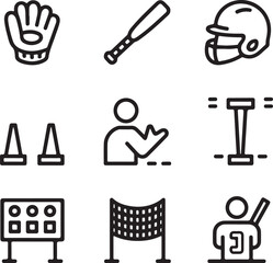 Youth Softball Icons – Kids’ Gloves, Bats, Helmets, Tee Drills, and Coaching Aids in Minimalist Vector Line