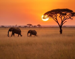 Obraz premium Majestic Elephants at Sunset in African Savannah