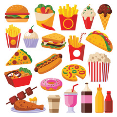 Assortment of colorful fast food and sweet treats illustrations burger french fries