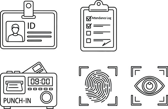 Vector art of line art illustration of id badge, clipboard, time clock, fingerprint and eye scan, depicting identity and security access control
