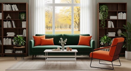 Cozy living room with green sofa and armchair by window