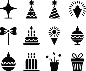 Assortment of Black and White Party and Celebration Icons party hat cake