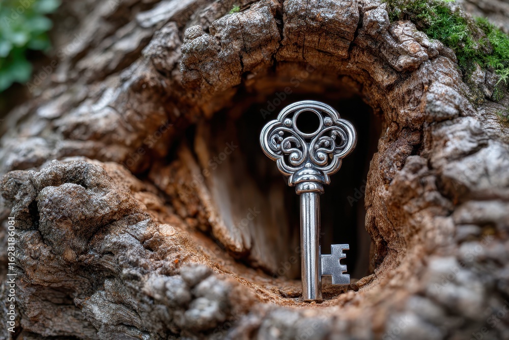 Poster intricately designed key placed in a hollow tree trunk during daylight in a mystical forest