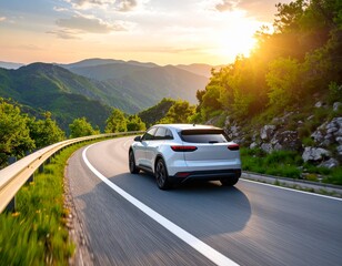Fototapeta premium White electric car driving through green mountainous road