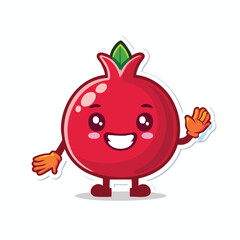 Obraz premium Cute Pomegranate Character Vector Waving Hand with Bold White Stroke, Solid Flat Colors, Sticker Ready Kawaii Tropical Fruit Illustration for Fun Summer and Healthy Food Designs