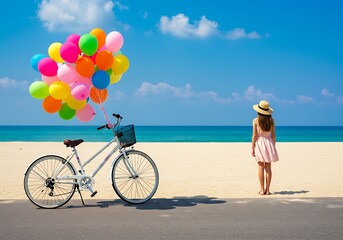 Fototapeta premium A young woman on a beach with a bicycle and colorful balloons. Generative Ai