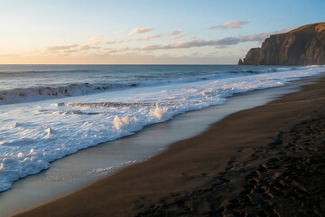 Photo of scenic black sand beach with foamy waves washing ashore at sunset in iceland