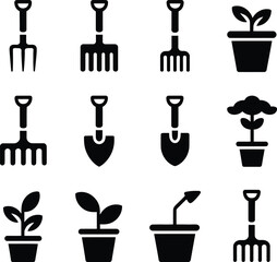 Gardening Tools and Potted Plant Icons for Horticulture flower