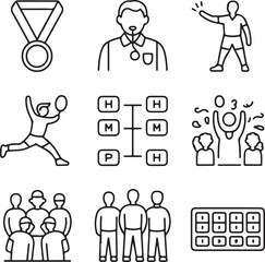 Badminton Competition Icons – Medal, Referee, Warm-Up, Match Bracket, Crowd, and Team Huddle Outlines