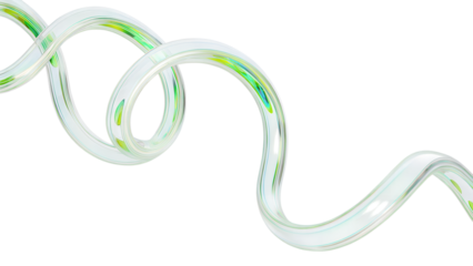 Translucent Tube Coil – Twisted Green-Glass Strand Looping Over White Background
