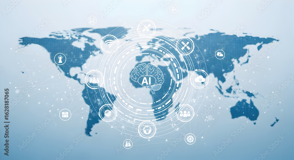 Poster abstract world map network with digital connectivity symbols on light blue gradient background