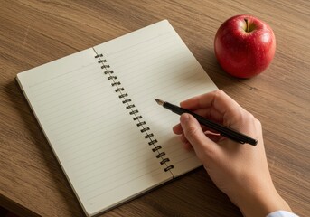 Notebook with pen and apple on a wooden desk prepared for writing