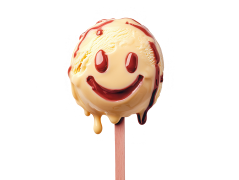 Smiley face on ice cream scoop melting on a stick