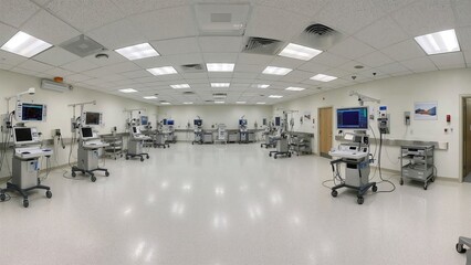 Obraz premium Modern intensive care unit equipped with medical monitors and advanced life support systems in a bright hospital room
