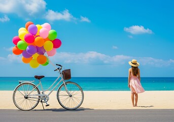 Fototapeta premium A young woman on a beach with a bicycle and colorful balloons. Generative Ai