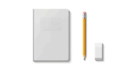 Top-down view of a closed white grid-pattern notebook, a yellow pencil, and a white eraser on a white background.