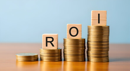 Ascending Gold Coin Stacks with Wooden ROI Blocks on Light Blue Background Representing Financial Growth and Investment