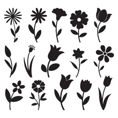 A set of black and white flowers, leaves, and vintage floral decoration silhouettes