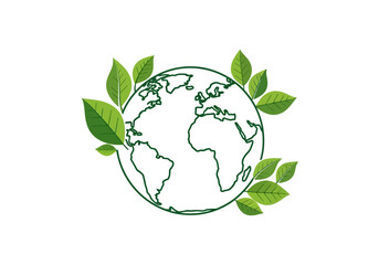Green leaves encircle a simplified outline of planet Earth, symbolizing environmental conservation and sustainability.