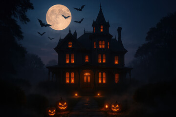A spooky haunted house at night with glowing windows. Jack-o'-lanterns are placed in front. A full moon and bats add to the eerie atmosphere.