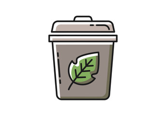A stylized illustration of a waste bin with a green leaf symbol, representing eco-friendliness.