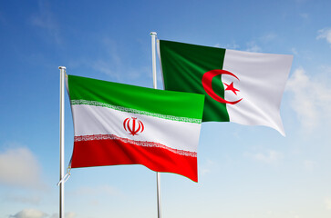 flags of  algeria and iran over blue sky background.