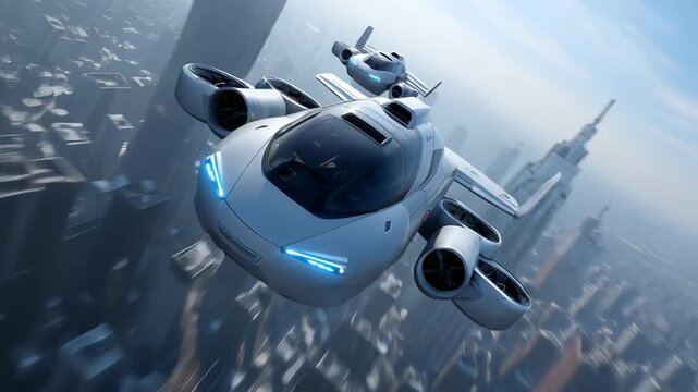 Autonomous Drone Taxi traffic Flying Over City, Urban Air Mobility Concept