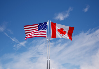 united states of america and canada trade war concept, USA and canada Flags together.