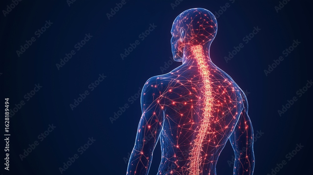 Aufkleber nerve and spine pathways in digital human image with digital overlay. back view of virtual person sp