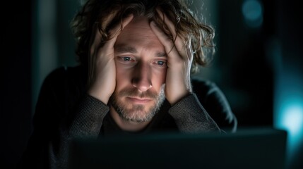 Stressed man holding head in front of laptop portrait image. Tired bearded guy face illuminated by screen light photography. Burnout, frustration and digital fatigue concept photo