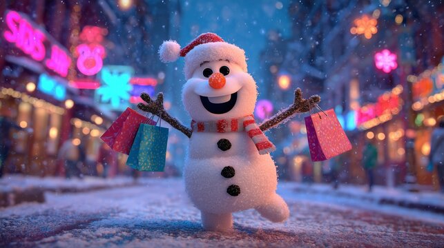 Joyful Snowman Christmas Shopping in a Neon Winter Wonderland - Powered by Adobe