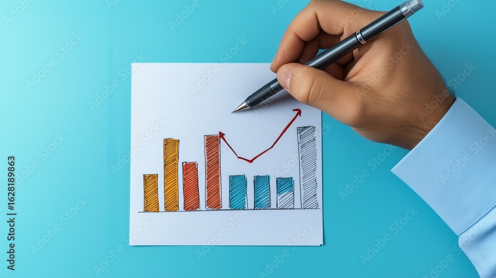 Poster hand drawing bar graph with upward arrow image closeup. sketching barchart on white paper close-up p