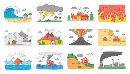Collection of twelve cartoon illustrations depicting natural disasters and environmental hazards tsunami