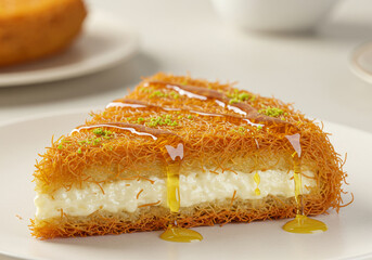 Three-quarter view of knafeh slice, featuring crispy phyllo, gooey cheese, and a glossy orange blossom syrup topping.