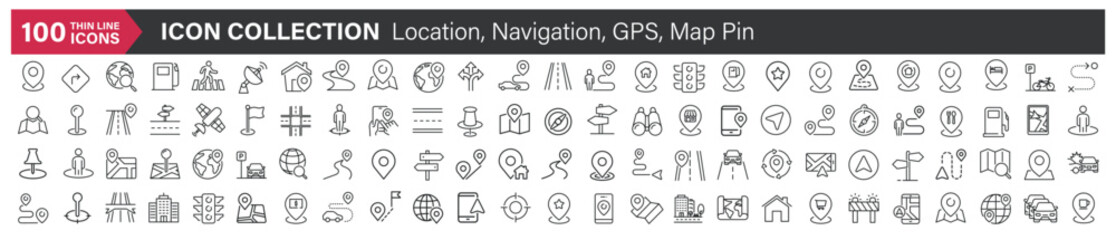 Big icons collection. Containing Location, Navigation, GPS, Map Pin. Thin line style series icon