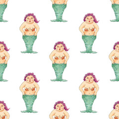 Seamless watercolor pattern with curvy mermaids. Whimsical underwater design for fabric, wrapping paper, kids decor, or summer-themed projects.