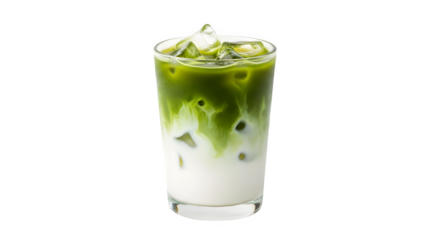 Refreshingly vibrant iced matcha latte with creamy milk swirls and ice, perfect for a healthy, energizing beverage.
