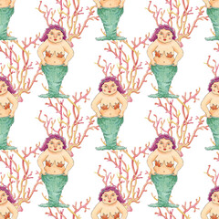 Seamless watercolor pattern with curvy mermaids and coral branches. Whimsical underwater design for fabric, wrapping paper, kids decor, or summer-themed projects.