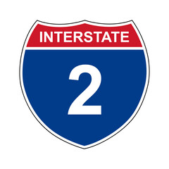Interstate 2. Interstate highway sign. Road number. Signpost indicating route numbers in the U.S. Interstate Highway System. Even numbers run west to east. Odd numbers run north to south.