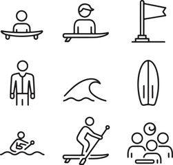 Beginner Surfing Icon Set – Surf School, Soft Top Board, Safety Signs, Wetsuit, Instructor, and Foam Wave