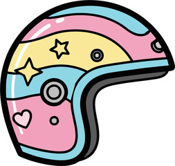 Cute Pastel Motorcycle Helmet with Stars and Hearts Vector Illustration