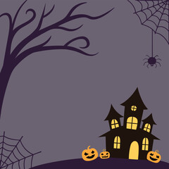 Halloween Spooky Party A background with a haunted house pumpkins spider web and a bare tree