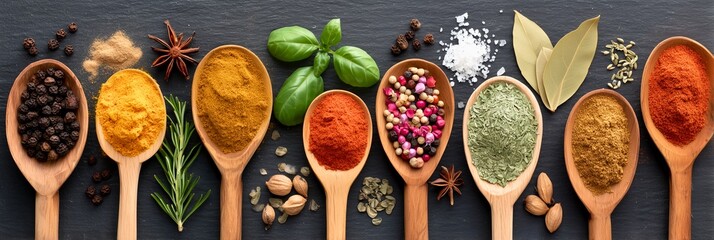 Assorted colorful spices and herbs in wooden spoons on dark background