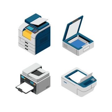 Four isometric office printers and scanners with blue and gray details office equipment technology