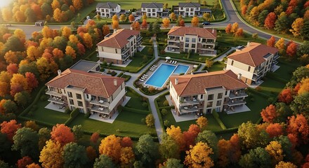 Modern Residential Community Surrounded by Vibrant Autumn Trees and a Swimming Pool