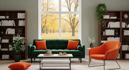 Cozy living room with green sofa and orange armchair in autumn setting